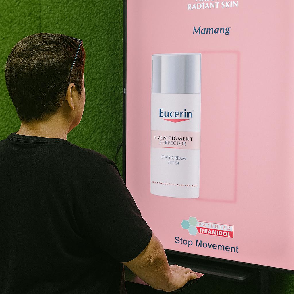 Guests playing Freeze the Frame interactive game at a corporate event in Dubai, focusing on screen visuals and pressing the button to stop the image at the perfect moment.